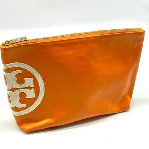 Tory Burch Orange Large Travel Clutch Cosmetic Pouch Hand Bag Logo